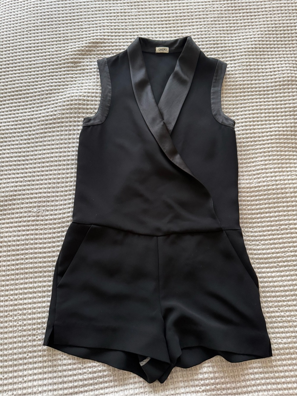 L'AGENCE Black Satin-Trim Sleeveless Wrap Romper